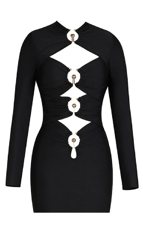 Cut Me Loose <br><span>Black Long Sleeve High Neck Cut Out Bodice Bodycon Bandage Mini Dress</span>