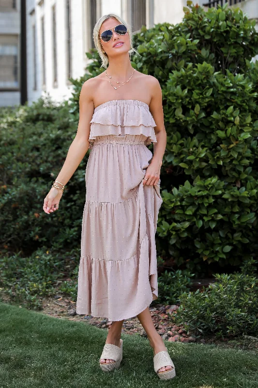 Weekend Price Breaks Darling Cuteness Taupe Tiered Strapless Midi Dress