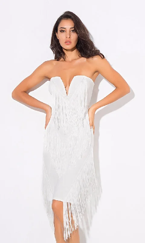 Dream Together White Strapless V Neck Fringe Bodycon Mini Dress