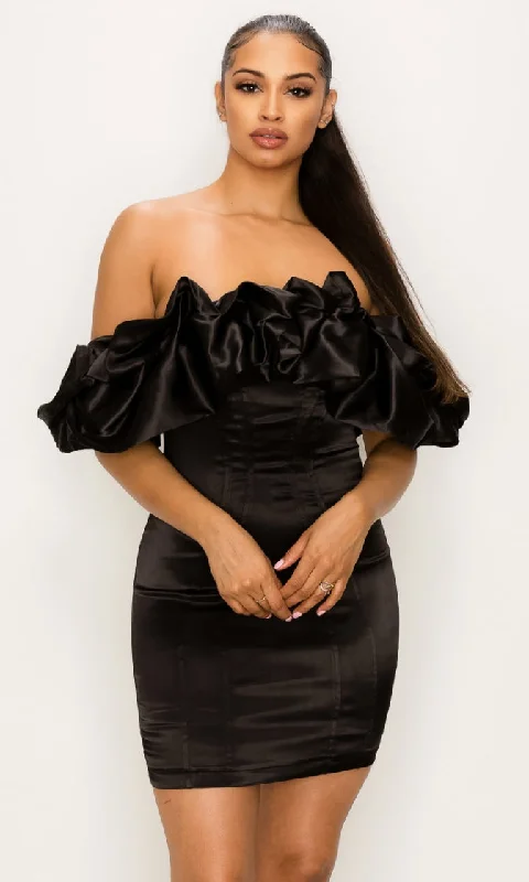 Enjoy The View Black Off the Shoulder Big Ruffle Bodycon Strapless Mini Dress