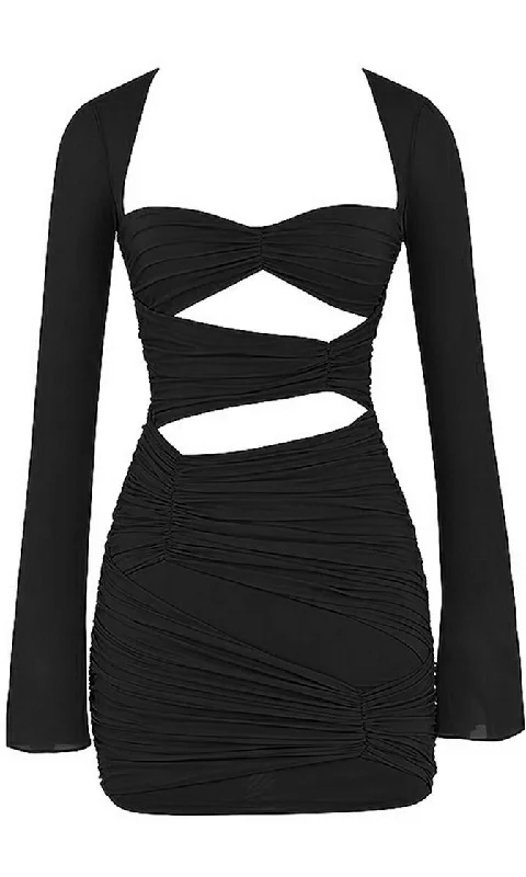 Girl On Fire <br><span>Black Long Sleeve Ruched Sweetheart Neck Cut Out Bodycon Mini Dress</span>