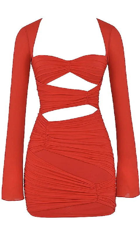 Girl On Fire <br><span>Red Long Sleeve Ruched Sweetheart Neck Cut Out Bodycon Mini Dress</span>