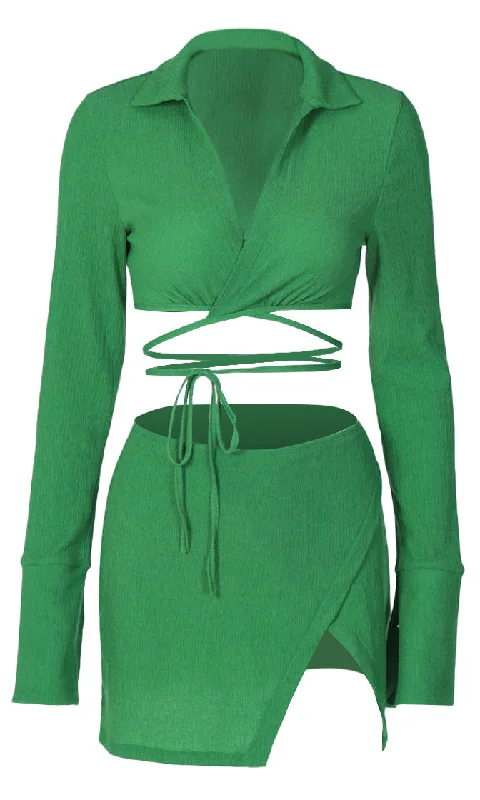 Hot Spot <br><span>Green Long Sleeve Cross Wrap V Neck Crop Top Split Wrap Bodycon Two Piece Casual Mini Dress</span>