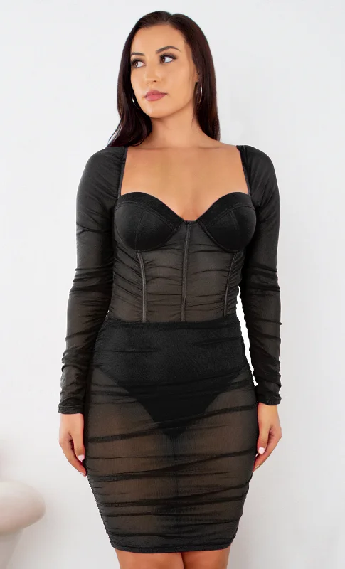 I Told You So Black Sheer Mesh Ruched Long Sleeve Sweetheart Neck Bustier Bodycon Mini Dress - 2 Colors Available