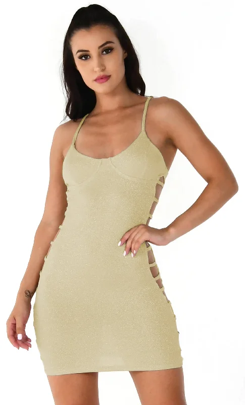 Imagine Us Gold Glitter Lurex Sleeveless Spaghetti Strap V Neck Cut Out Sides Bodycon Mini Dress