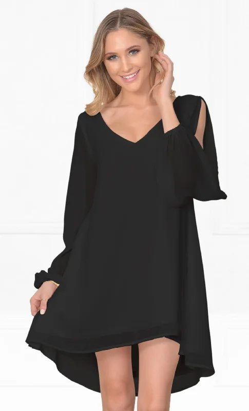 Indie XO Everlasting Enchantment Black V Neck Long Slit Sleeve Open Back Bodycon Chiffon Shift Mini Dress - Just Ours!