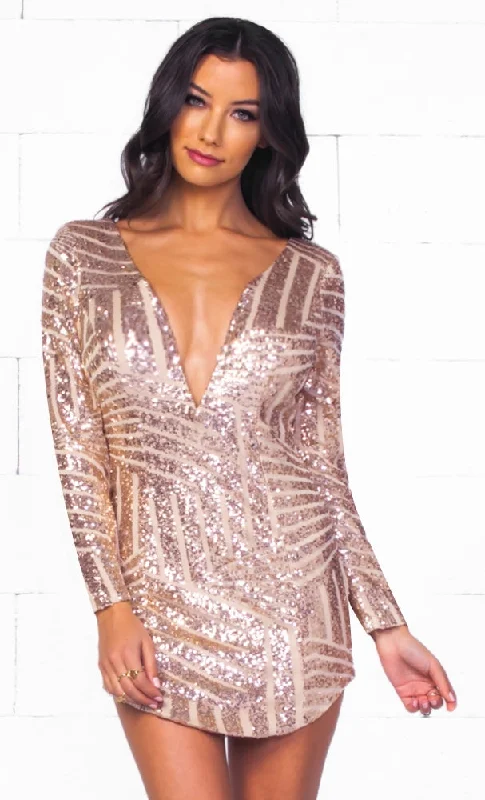 Indie XO Party On Gold Geometric Sequin Long Sleeve Plunge V Neck Bodycon Mini Dress - Just Ours!