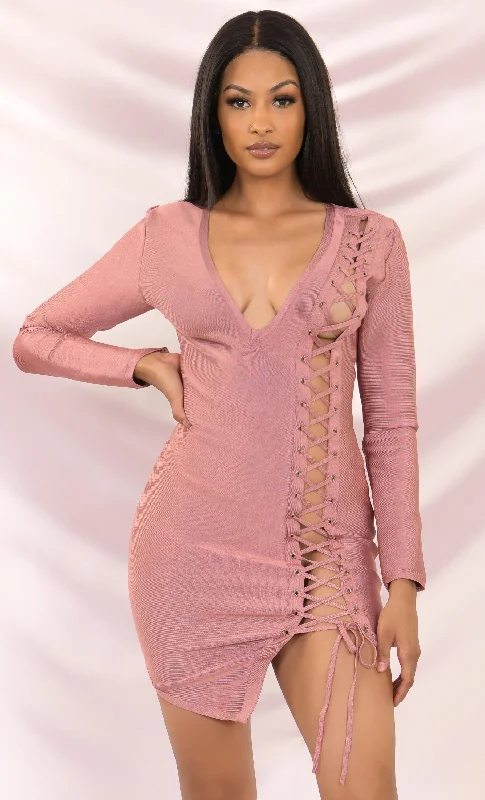 Into You Pink Long Sleeve V Neck Cut Out Lace Up Bodycon Bandage Mini Dress