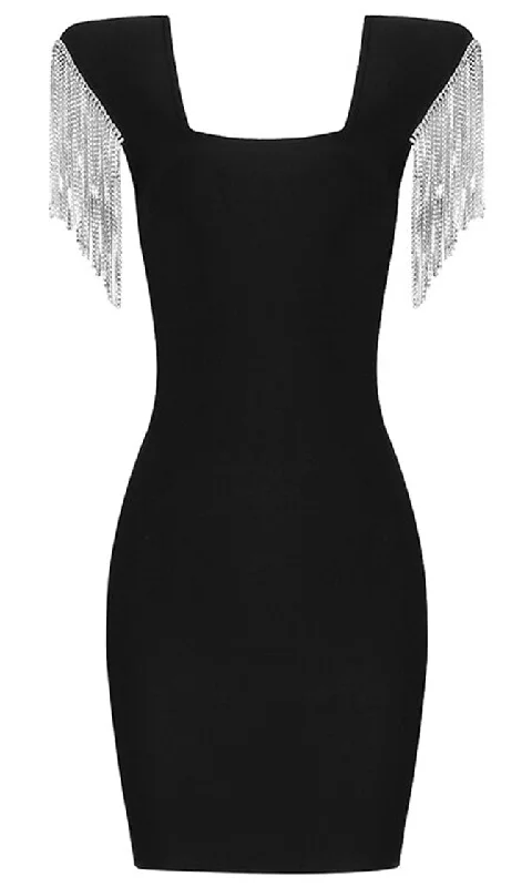 Keep Wishing <br><span>Black Rhinestone Crystal Fringe Short Sleeve Square Neckline Bandage Bodycon Mini Dress</span>