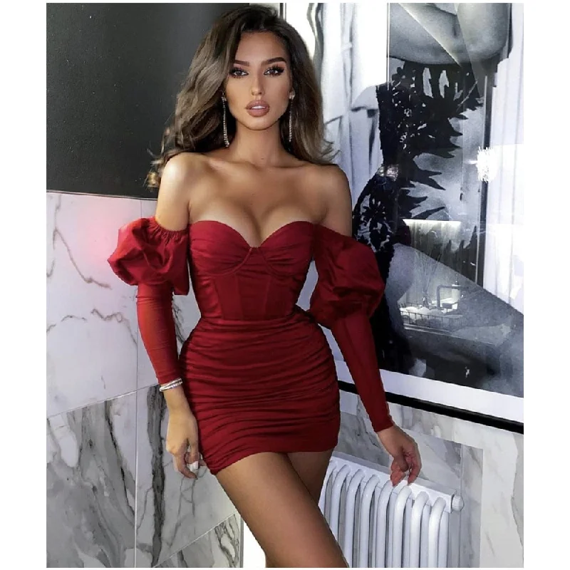 Amy Fashion - Long Sleeve Burgundy Mini Bandage Dress Elegant Evening Party Dress