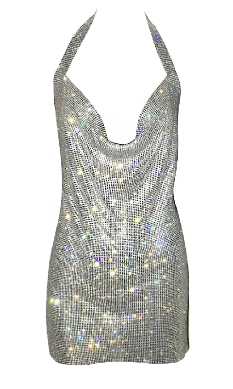 Never Stop <bR><span>Silver Metal Mesh Sleeveless Drape V Neck Halter Backless Bodycon Mini Dress</span>