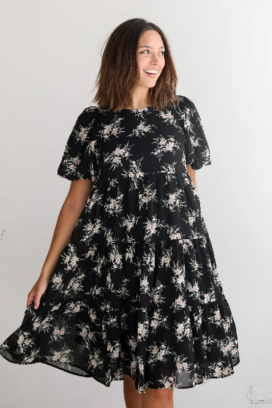Weekend Special Perfectly Cherished Black Floral Tiered Midi Dress