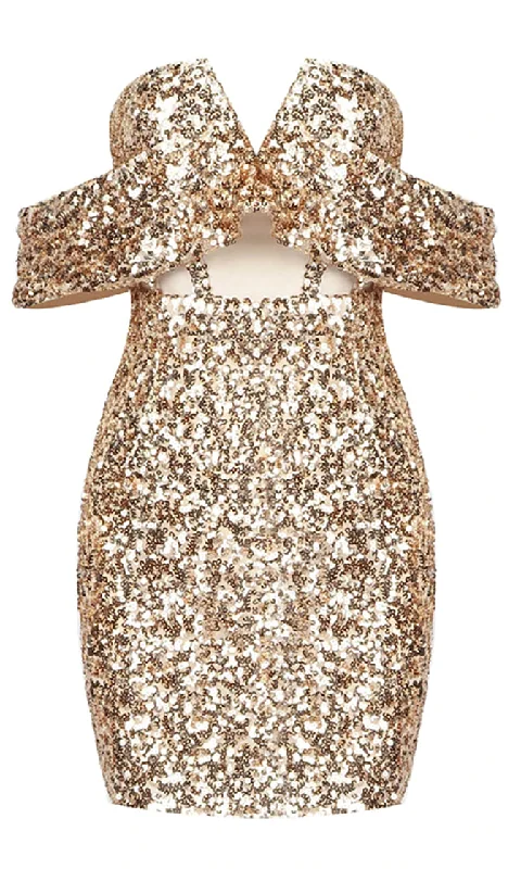 Scene Stealer <br><span>Gold Sequin Draped Cap Sleeves Off The Shoulder V Neck Cut Out Waist Bodycon Mini Dress</span>