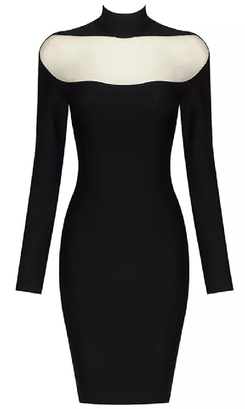 Second To None<br><span> Black Long Sleeve Sheer Mesh Cut Out Mock Neck Bandage Bodycon Mini Dress</span>