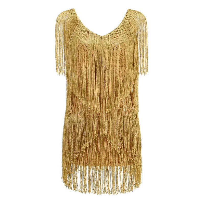 Shimmering Sequined V Neck Layered Fringe Sleeveless Mini Dance Party Dress