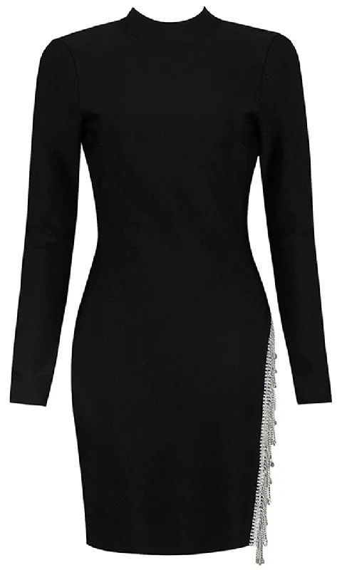 Sparkle And Shine <span><br> Black Long Sleeve Round Neck Cut Out Back Rhinestone Tassel Cut Out Side Slit Bodycon Mini Dress</span>