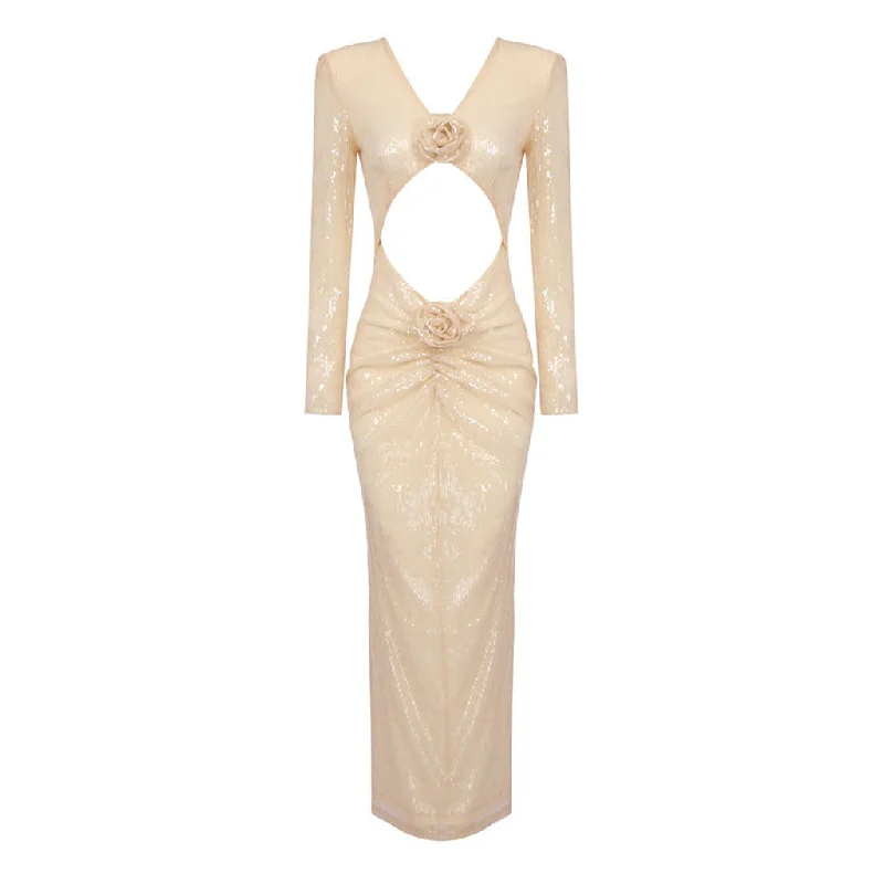 Weekend Special Discounts Sparkly Sequin Rosette Cutout Ruched Long Sleeve Back Slit Midi Cocktail Dress