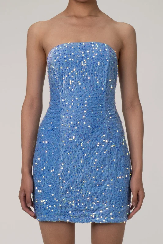 Sparkly Sequin Straight Neck Strapless Cinch Waist Velvet Mini Party Dress