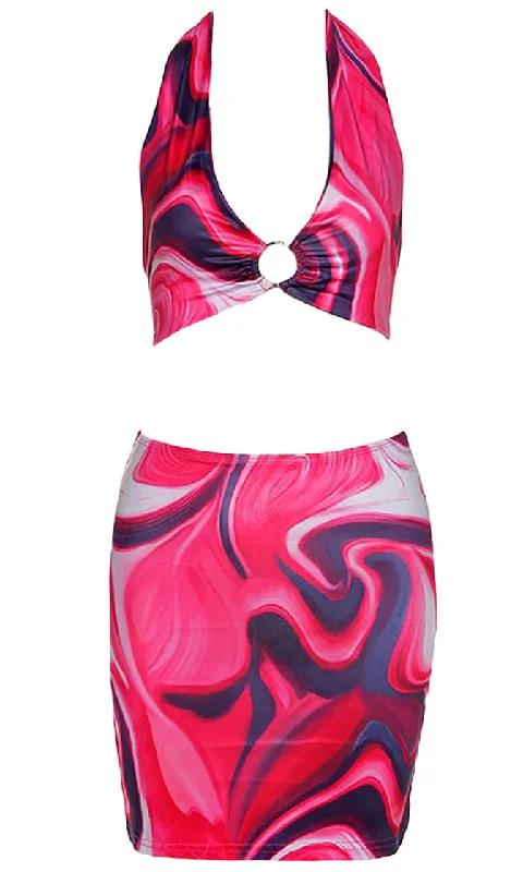 Summer Sweetheart <br><span>Fuchsia Pink Geometric Pattern Sleeveless Backless Plunge V Neck Halter Bodycon Two Piece Mini Dress</span>