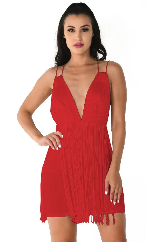 Sway With Me Red Fringe Elastic Waist Stretchy Sleeveless Plunge V Neck Bodycon Mini Dress