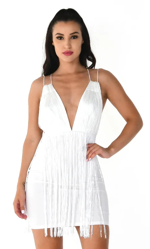 Sway With Me White Fringe Elastic Waist Stretchy Sleeveless Plunge Deep V Neck Bodycon Mini Dress