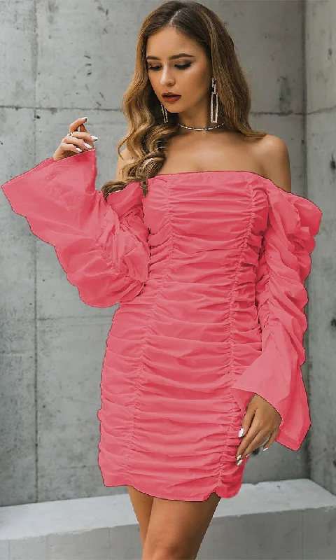 Sweet Ideas Pink Long Sleeve Puff Neck Ruched Bodycon Mini Dress