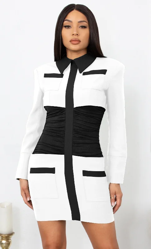 Talk Business White Black Contrast Color Block Long Sleeve Ruched Waist Shirt Collar Bodycon Mini Dress