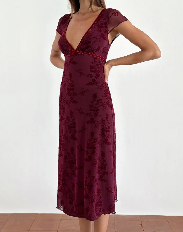Weekend Shopping Fever Vilinia Midi Dress in Botanical Flower Maroon