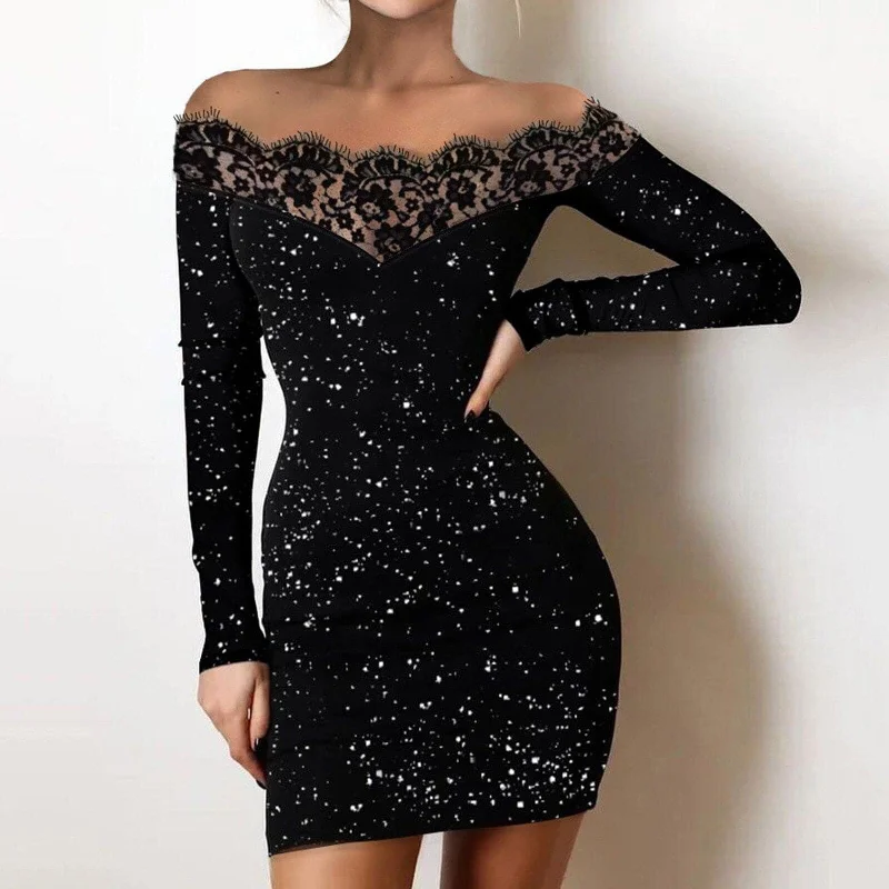 DressBetty - Women Fashion Glitter Perspective Evening Party Dresses Elegant Streetwear Flower Lace Neck Long Sleeve Mini Dress  Robe