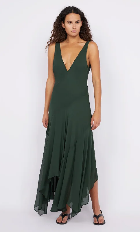 Weekend Markdowns Galore ISOLDE V NECK DRESS - BOTTLE GREEN