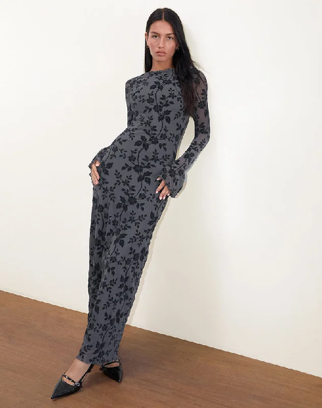 Weekend Shopping Deals Slokya Long Sleeve Maxi Dress in Vine Floral Flock Ocean Storm