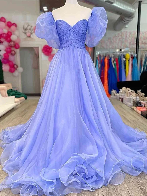 A Line Organza Purple Long Prom Dress, Lovely Puff Sleeve Formal Evening Dress