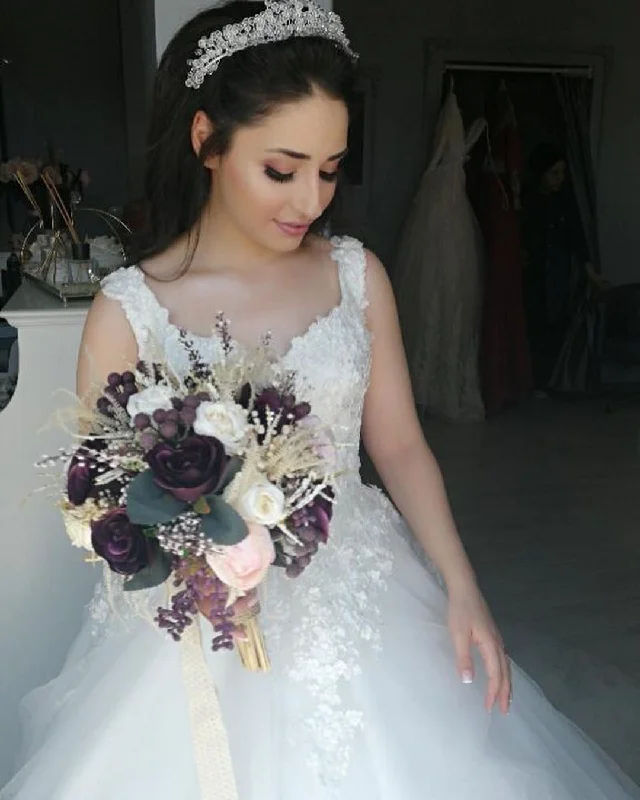 Weekend Sale Marathon Ball Gown Lace Appliques Modest Tulle Princess Wedding Dress,JKZ6117