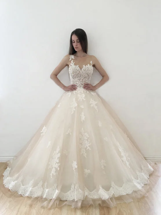 Ball Gown Wedding Dresses Scoop Sweep Train Appliques Tulle Sexy Bridal Gown JKS277