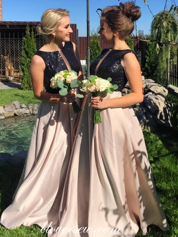 Super Deal Black Sequin Satin Sleeveless A-line Long Bridesmaid Dresses,CB0133
