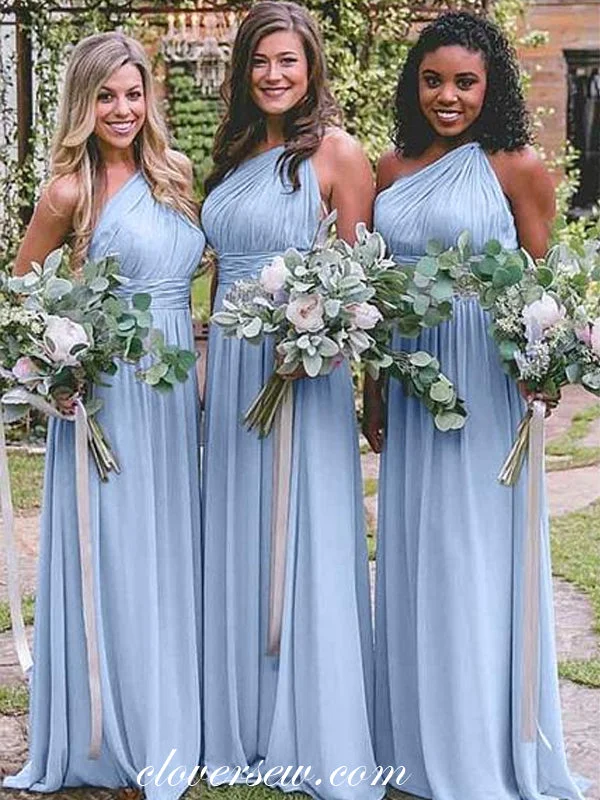 Weekend Discount Fest Blue Chiffon One Shoulder A-line Long Bridesmaid Dresses,CB0107