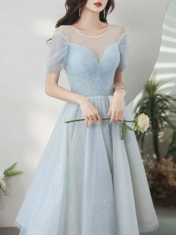 Special Shopping Event Blue Round Neck Tulle Short Prom Dress, Blue Homecoming Dress