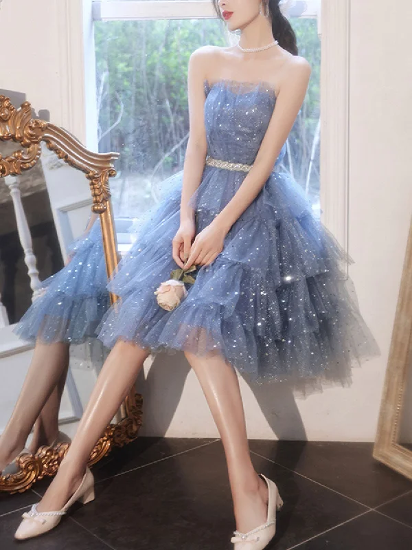 Weekend Price Drop Event Blue Tulle Sequin Short Prom Dress, Blue Puffy Cute Homecoming Dresses
