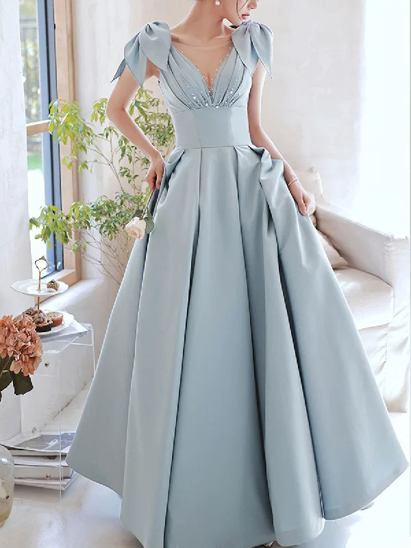 Blue V Neck Satin Long Prom Dress, Blue Satin Evening Dresses