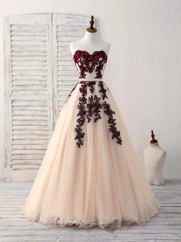 Burgundy Sweetheart Tulle Long Prom Dress, Burgundy Evening Dress