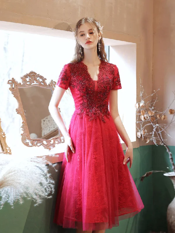 Big Bargain Bonanza Burgundy V Neck Tulle Lace Beads Short Prom Dress, Burgundy Homecoming Dress