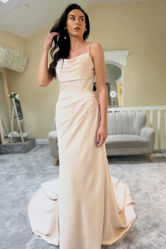 Weekend Exclusive Offers You’ll Love Champagne Cowl-Neck Sheer Back Long Wedding Dress