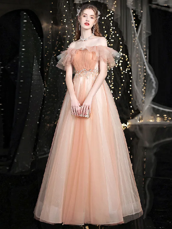 Price Slash Event Champagne Sweetheart Neck Tulle Long Prom Dress, Tulle Formal Dress