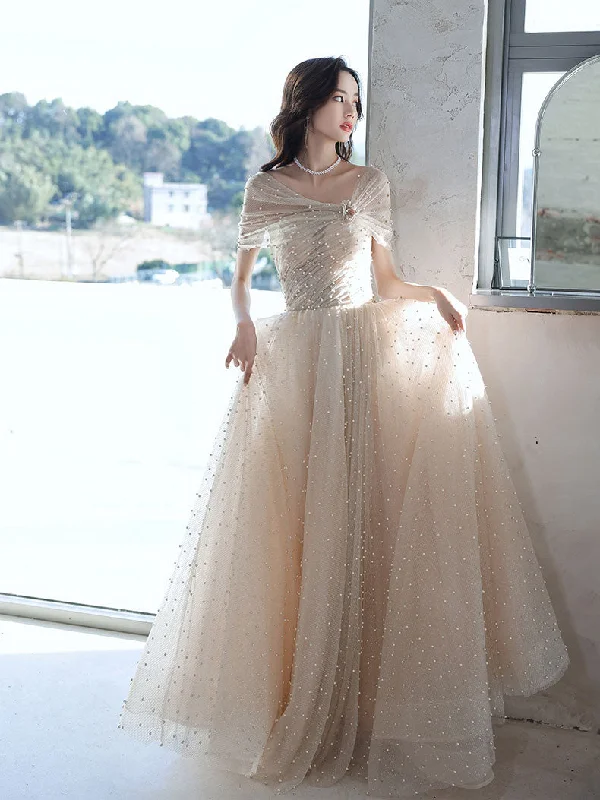 Weekend Markdowns Galore Champagne  Tulle Beads Long Prom Dress Champagne Formal Dress