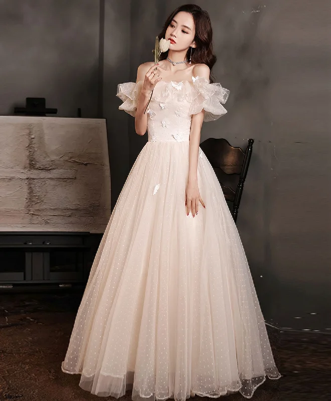 Champagne Long Prom Dress, A line Tulle Formal Graduation Dress with Butterfly