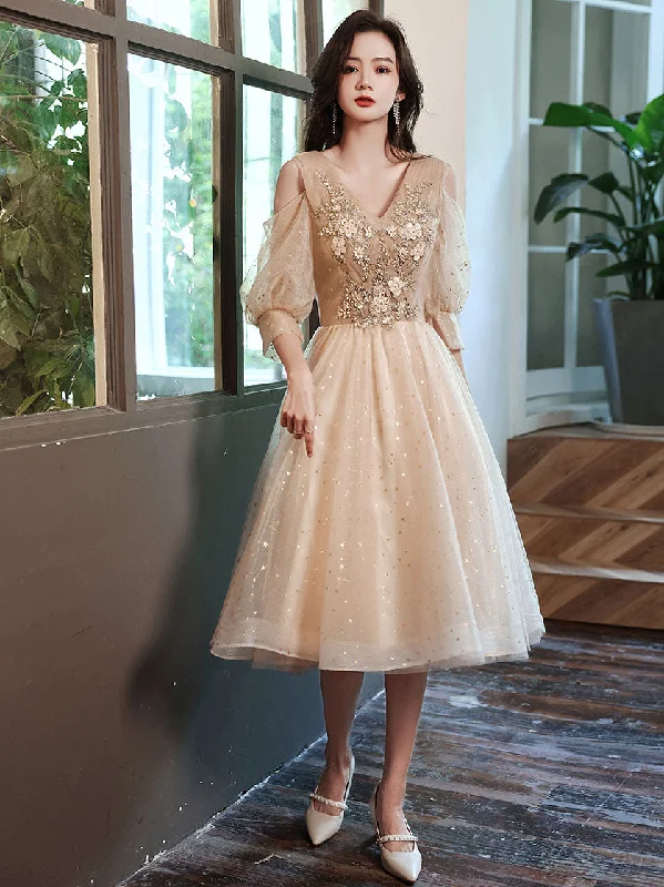 Shop & Save Now Champagne V Neck Tulle Lace Short Prom Dress, Champagne Homecoming Dress