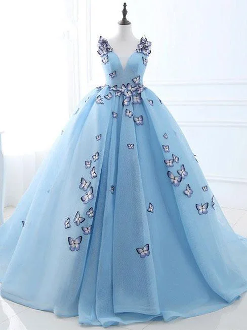 Chic Ball Gown Wedding Dresses Butterfly Blue Sweep/Brush Train Bridal Gown JKW055