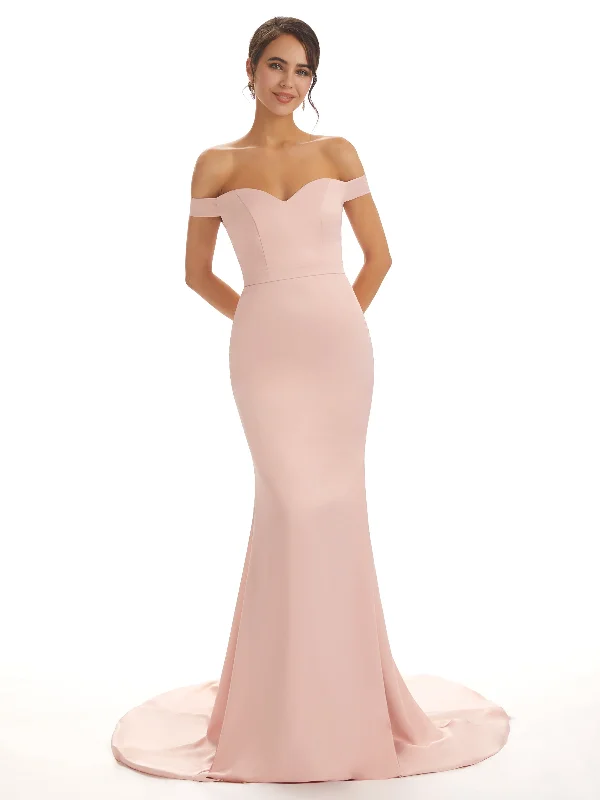Buy More, Save More Elegant Off The Shoulder Maxi Unique Satin Mermaid Bridesmaid Dresses Online