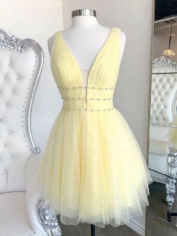 Best Prices This Week Cute Yellow V Neck Tulle Beads Short Prom Dress Yellow Homecoming Dress