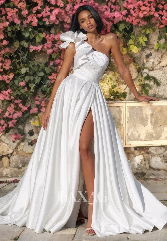 A-Line One Shoulder Pleated Sleek Satin High Slit Wedding Dress with Train